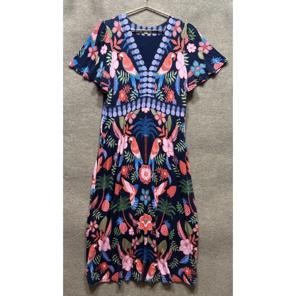 Boden Vibrant Tropical Leaf Pattern Maxi Dress Womens 14R Multicolor Blue EUC